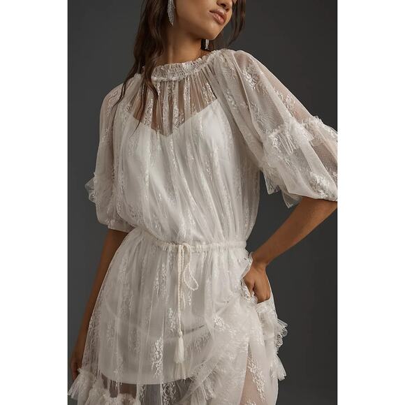 New ANTHROPOLOGIE Let Me Be Short-Sleeve Ruffle Maxi Dress $198 X-SMALL White - Picture 2 of 7